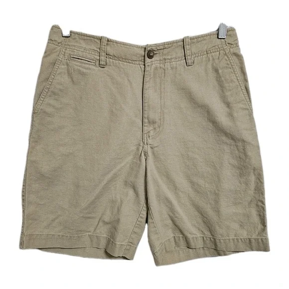 J. Crew Shorts Mens 31 Tan Linen Cotton‎ Blend Chino Flat Front Coin Pocket VTG