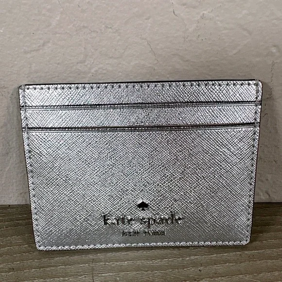 Kate Spade New York Silver Metallic Saffiano Leather Slim Card Holder Wallet