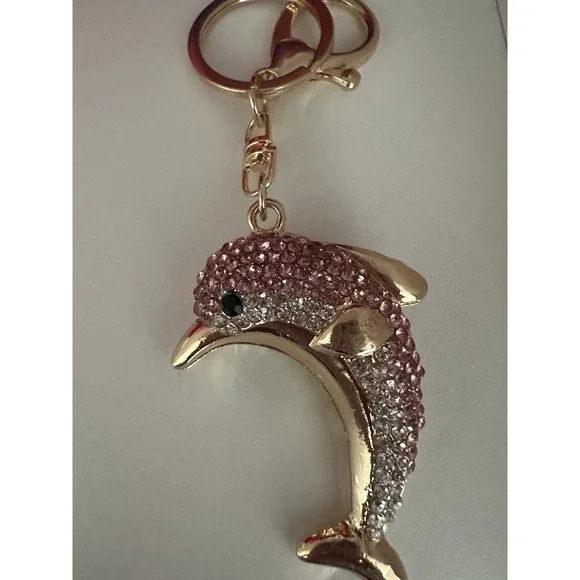 Pink Shiny Rhinestone Dolphin Pendant Keychain Purse Bling New