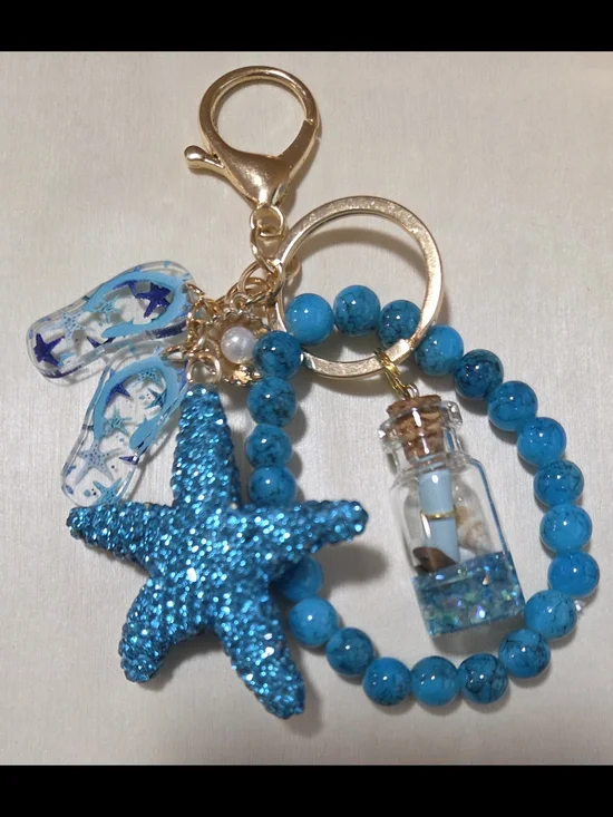 Nautical Beach Starfish Keychain & Turquoise Beaded Wristlet Bag Charm 🌊