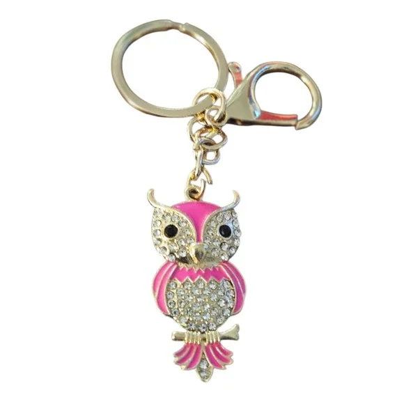 Pink Owl Keychain with Rhinestones Cute Owl‎ Charm Key Ring