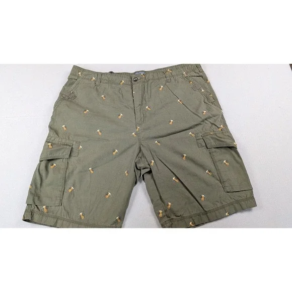 GH Bass Mens Cargo Shorts Olive Green Beer Mug Embroidered Size 42 Casual Cotton