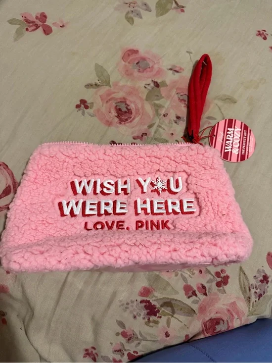 PINK Victoria's Secret Pink Sherpa Wristlet with Red Strap