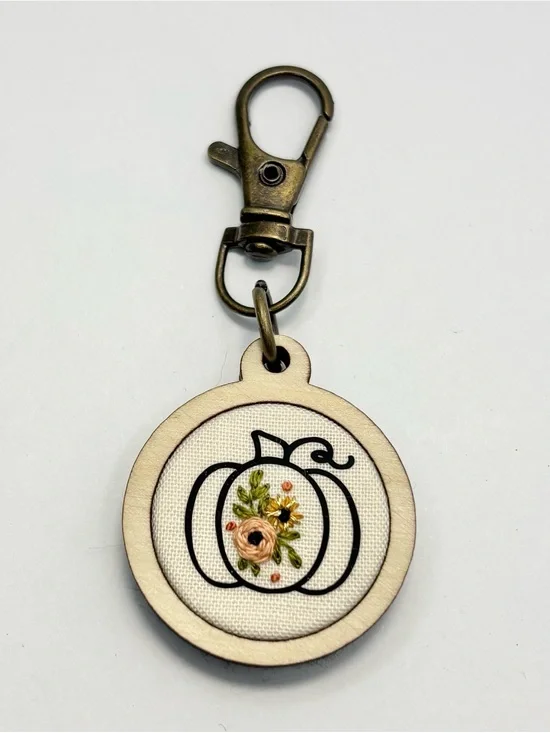 Handmade Floral Pumpkin Embroidered Wood Keychain Purse Charm NWOT