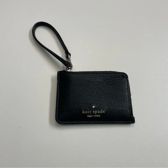 Kate Spade Leila Credit Card Holder Wristlet ID Key Ring Pebbled Leather Black
