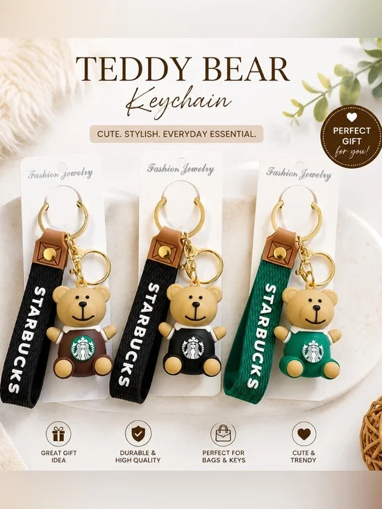 Teddy Bear Keychain - Black & Green Strap Options