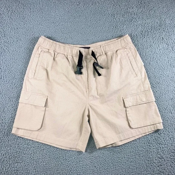 Men XL Cargo Shorts Tan 6.5'' Ripstop Elastic‎ Waist Gorpcore Streetwear Grunge