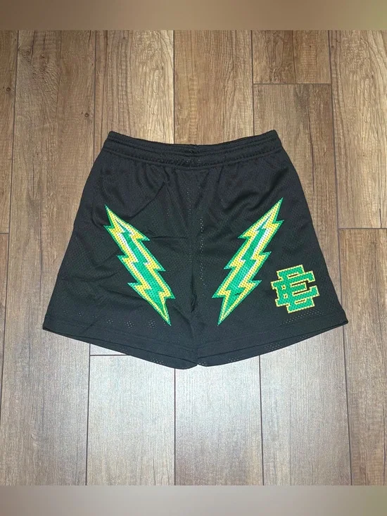 Eric Emanuel EE Black Mesh Shorts with Green & Yellow Lightning Bolts Size Small