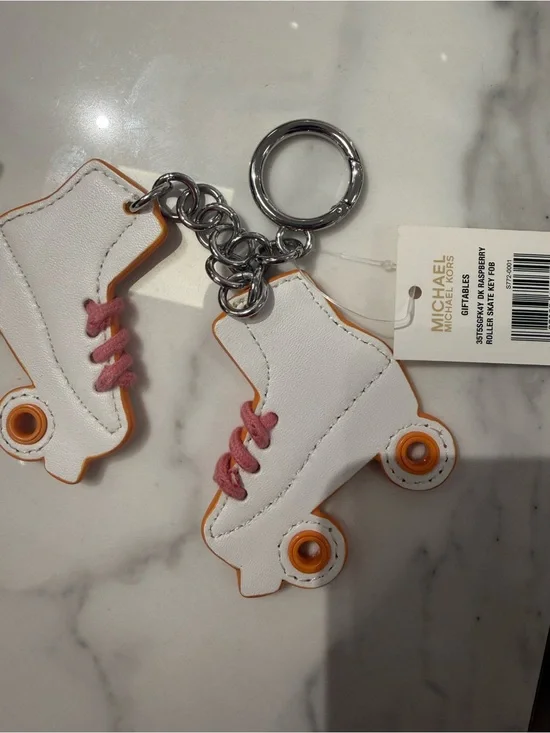 Michael Kors White Roller Skate Keychain with Pink Laces and Orange Trim new