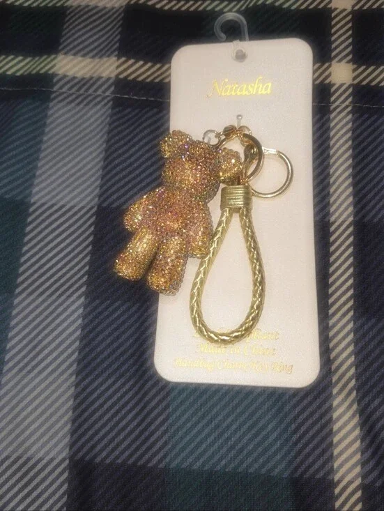 Natasha Couture Gold Glitter Bear Keyring with Braided Loop
