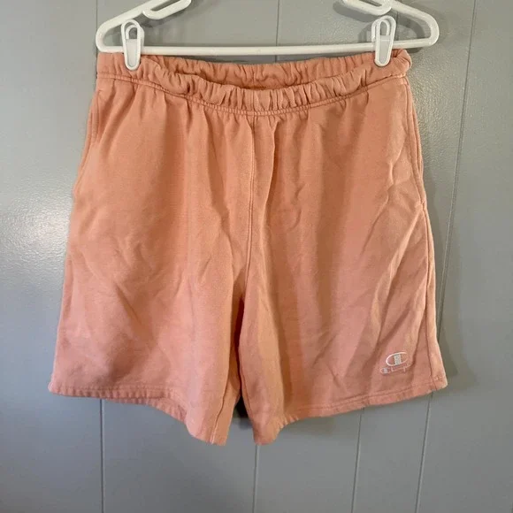 Champion Classic Fleece Shorts Mens Medium Peach Coral Elastic Waist Logo‎