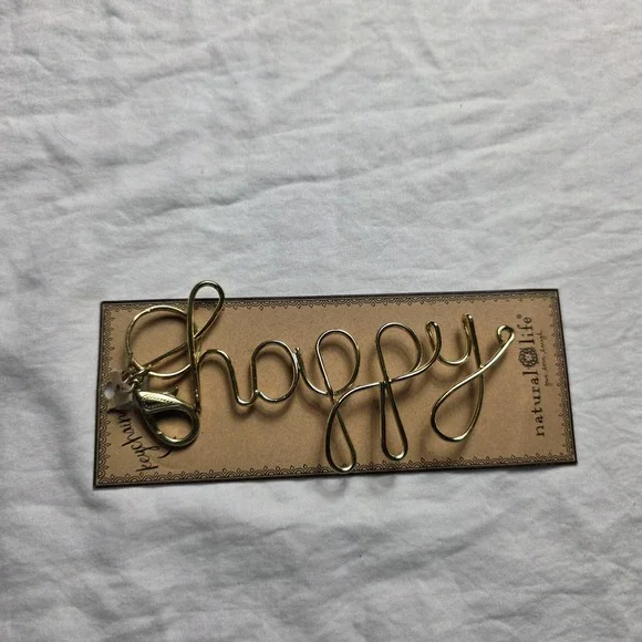 Natural Life Keychain Happy Cursive key clip golden color