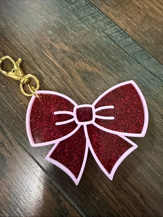Stoney Clover Lane Glitter Red Bow Keychain with Pink Trim