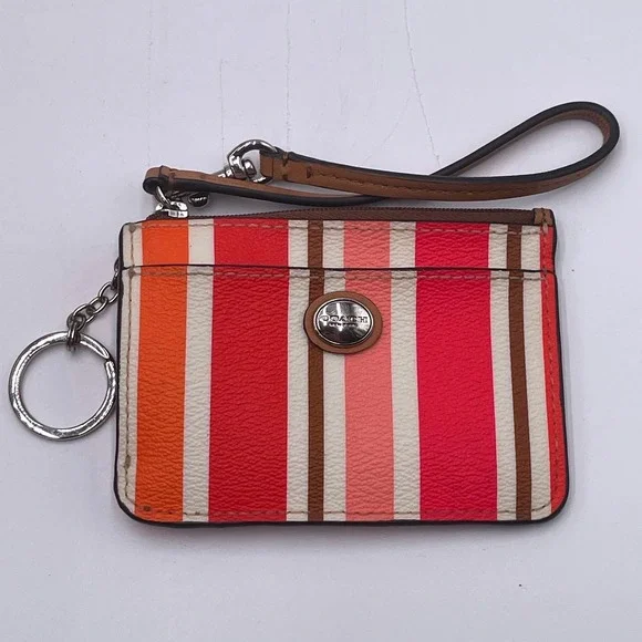 Coach Multi Color Striped ID Skinny‎ Mini Wallet Wristlet Pink Orange Brown