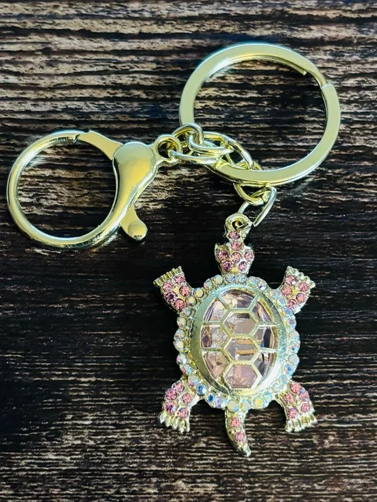 Gold‎ Tone Turtle Keychain with Pink Crystal Rhinestones