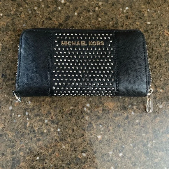 Michael Kors Black Studded Zip-Around Leather Wallet