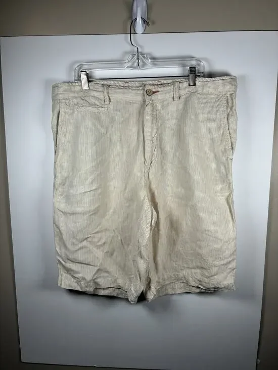 Tommy Bahama Relax Mens 38 100% Linen Shorts Tan Stripe Flat Front Old Money