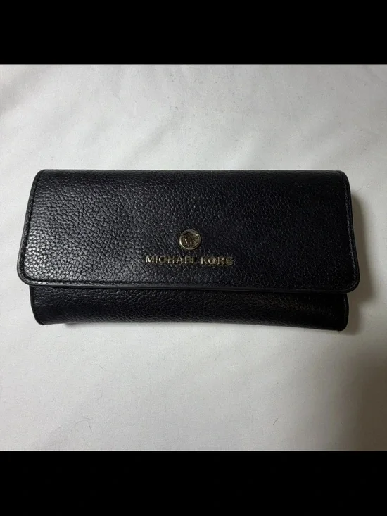 Michael Kors Black Pebbled Leather Clutch Wallet with Gold Logo