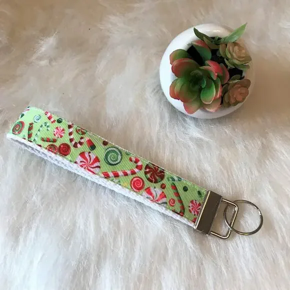 Handmade Wristlet Key Fob Holder Key Chain Candy Cane Christmas Holiday