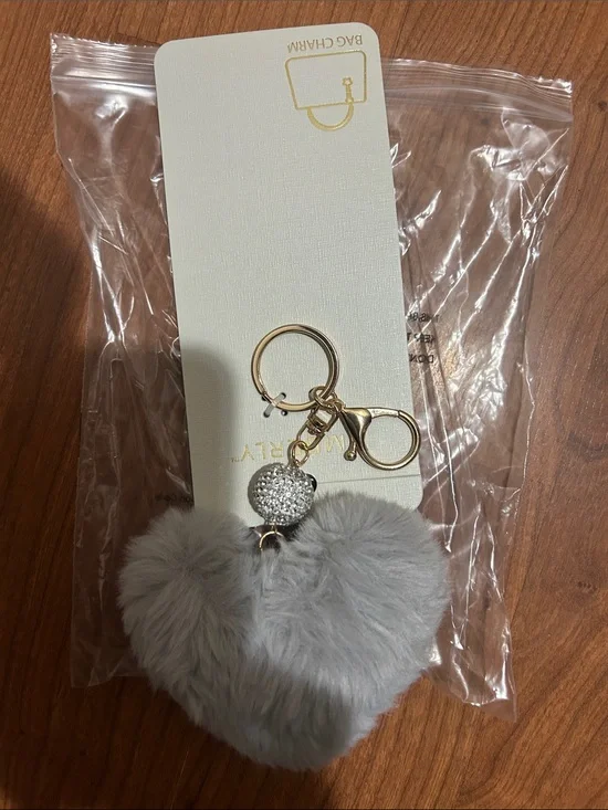 Heart Pom-Pom Keychain - Gray Faux Fur with Gold Hardware