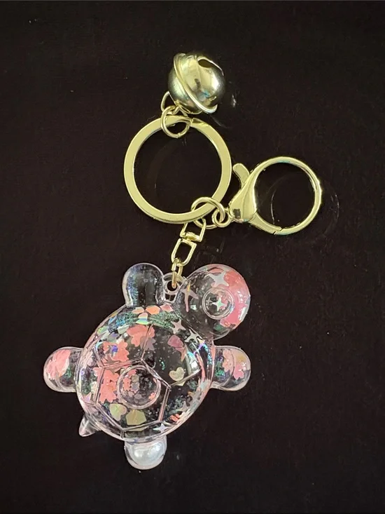 Clear Acrylic Pink Water Filled Turtle Keychain Bag Charm with Glitter Confetti
