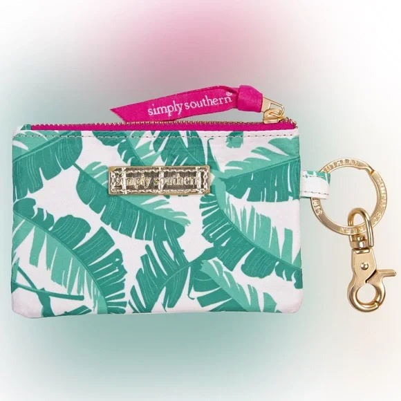 Simply Southern Palm Leaf‎ Quilted Zip Wallet Keychain ID Case Green Pink