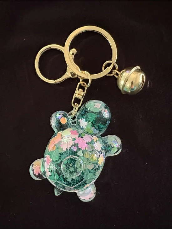 Green Glitter Water Filled Turtle Keychain Bag Charm with Bell