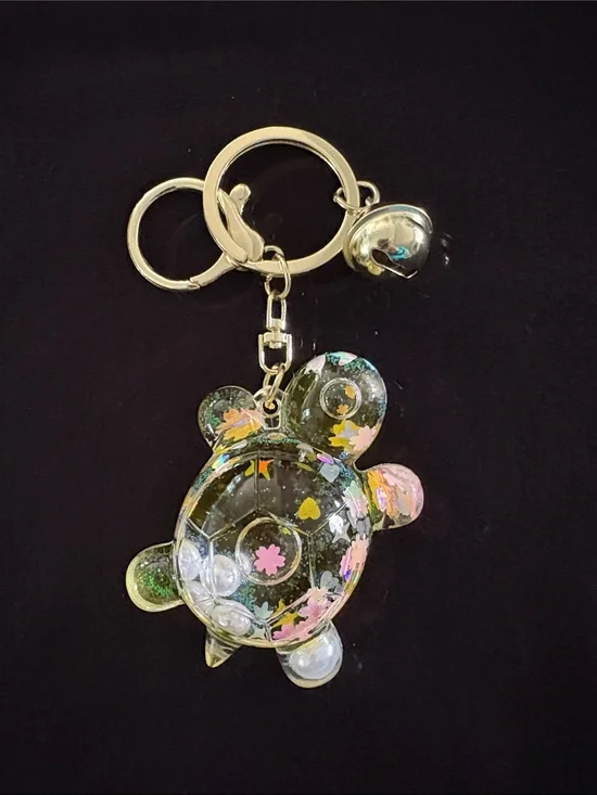 Clear Yellow Water Filled Turtle Keychain Bag Charm Glitter Faux Pearls