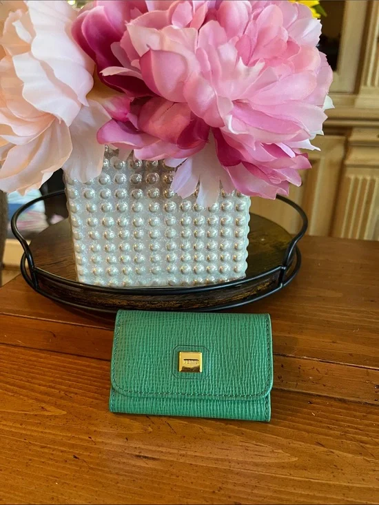 Gianfranco Ferre Green Textured Leather Card Holder with Gold Logo Plate