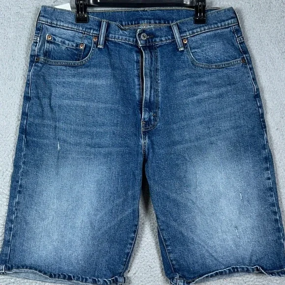 Levis 569 Shorts Mens 36 Blue Loose Straight Denim Distressed Stretch 5-Pocket
