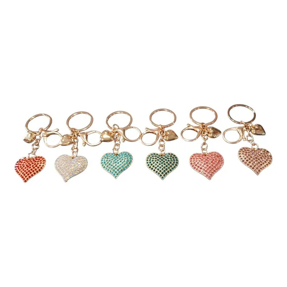 SET Of 6! Dazzling Rhinestone Heart Keychain Purse Charm Gold Tone