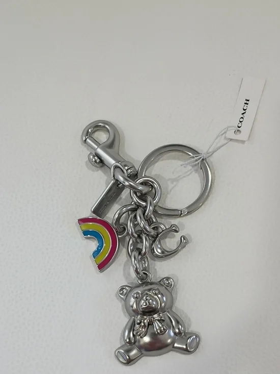 Coach Silver-Tone Teddy Bear Bag/Key Charm with Multicolor Rainbow