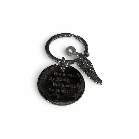 Not Sisters By Blood‎ But Sisters By Heart Keychain Silver Tone Angel Wing Pearl