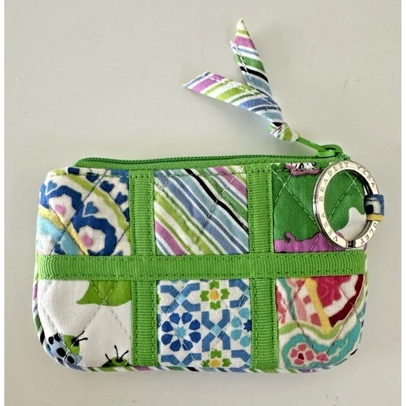 Vera Bradley Coin Purse Patchwork Key Ring Zipper Green Multi Color