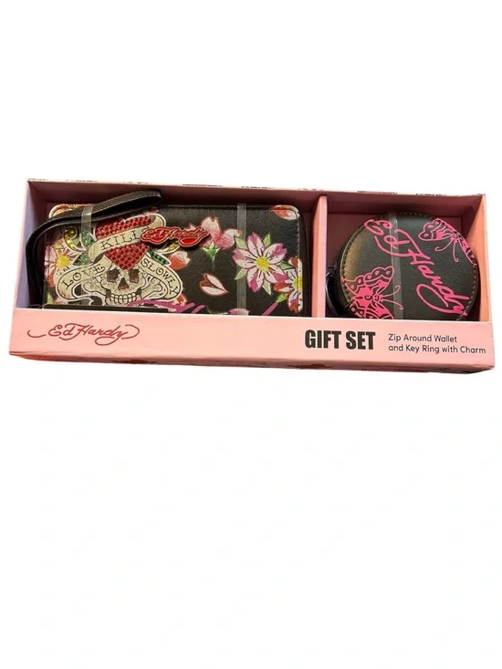 Ed Hardy Black Wallet & Pink Accent Key Ring Floral Skull Gift Set