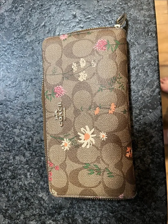 Coach Brown Signature Floral Zip Wallet with Pink and White Accents