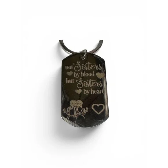 Not Sisters By Blood‎ But Sisters By Heart Dog Tag Keychain Silver Tone Gift