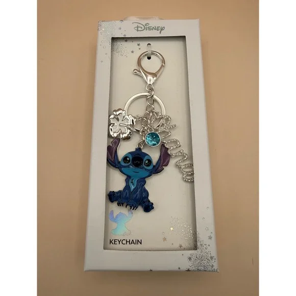 Disney Lilo and Stitch Ohana Keychain Blue Enamel Stitch Hibiscus Flower New Box
