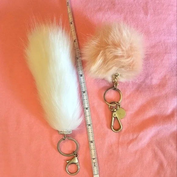 Elegant White and Cream Faux Fur Keychain Set