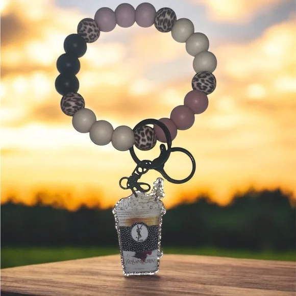 Leopard Beaded Wristlet Keychain Bracelet with Coffee Charm