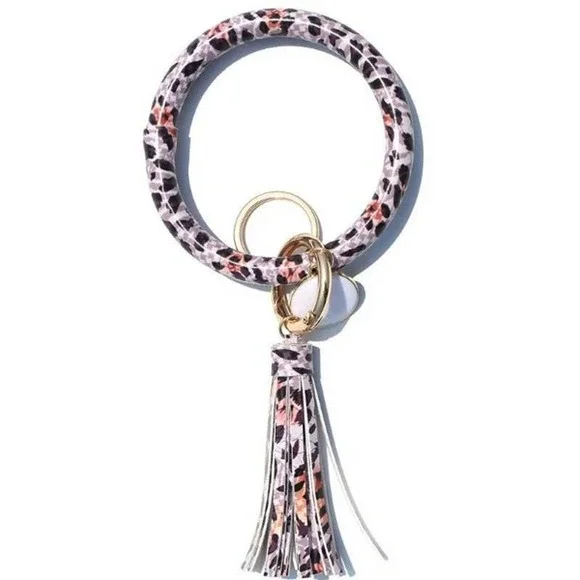 Pink Leopard Vegan Leather‎ Tassel Bangle Keychain~~NWOT
