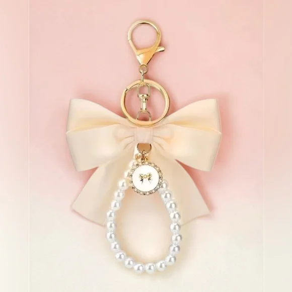 Pearl Bow Bag Charm Gold Tone Coquette Balletcore Feminine Luxe Purse