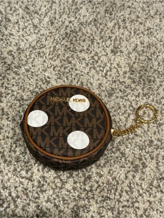 Michael Kors Brown and White Logo Polka Dot Round Coin Pouch with Gold Hardware