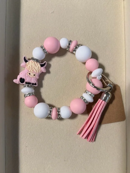 Kids Pink & White Beaded Keyring Bracelet with Tassel and Cow Charm