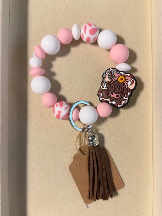Pink & White Kids Beaded Keychain Bracelet with Cow Charm