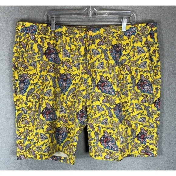 Hreski Shorts Mens 42 Yellow‎ Paisley Floral Print Summer Casual Stretch Pockets