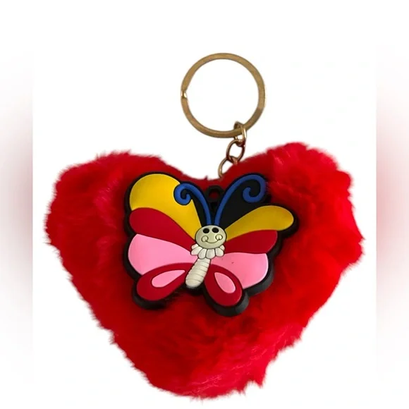 FUZZY RED HEART BUTTERFLY KEYCHAIN