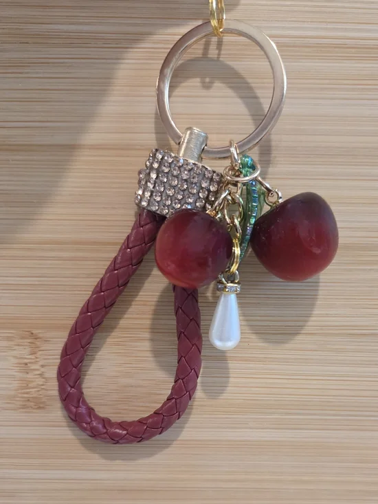 Luxury Cherry Bag Charm Keychain Red Braided Leather Rhinestone Pearl Accent