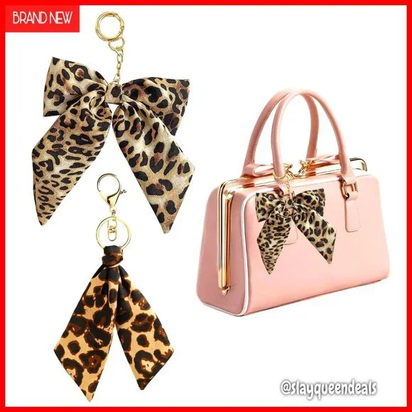 Leopard Print Bag Charms Keychains Set of 2 with Bow Accessory