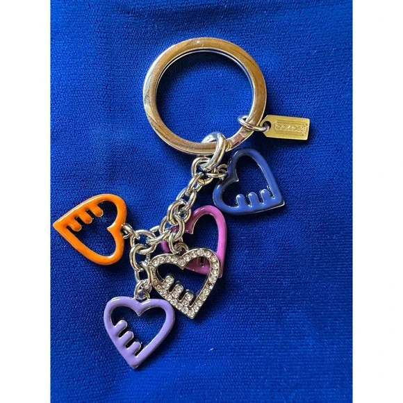 Coach Multi Color Enamel Heart Charm Keychain Silver Tone Rhinestone Key Ring